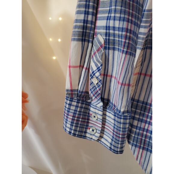 Talbots Classic Cotton Plaid Pearl Button Up Shirt Womens Plus 2X White Blue - Picture 6 of 9
